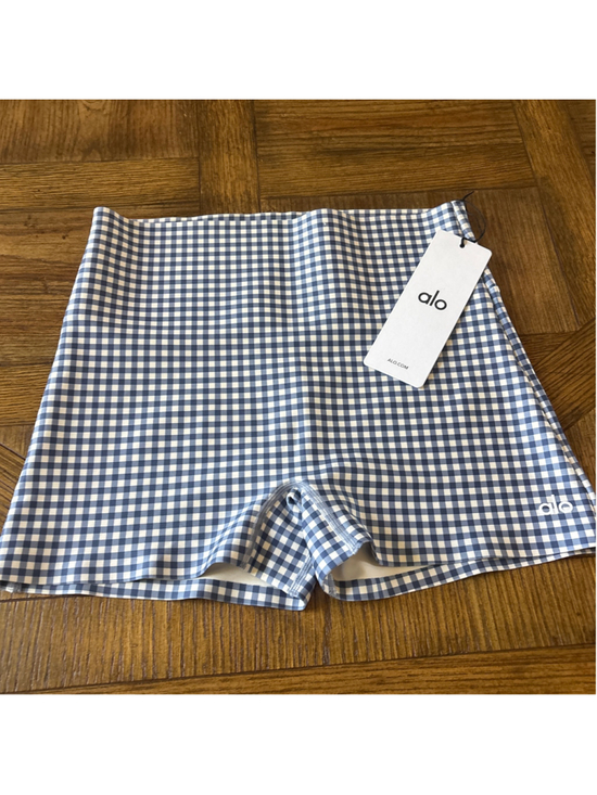 Alo Yoga Pants - Women's Alo Yoga Airlift Gingham Bike Shorts, Size M, Blue/White
